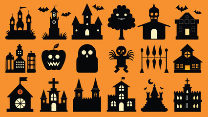 Halloween castles spooky trees bats and pumpkins vector