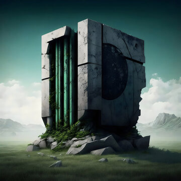 Futuristischer Monolith aus Stein in gr&uuml;ner Landschaft &ndash; Cooles Wallpaper &ndash; Magisches Hintergrundbild