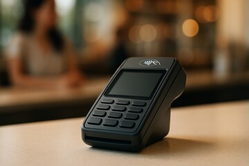 Contactless payment terminal device on counter surface in soft warm indoor light with blurred people in background in retail technology concept. Ai generative