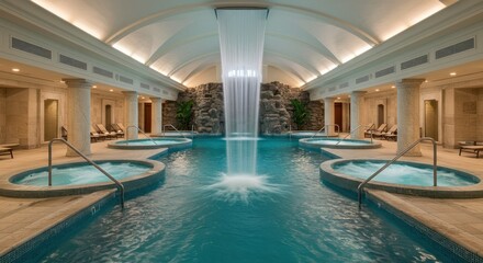 Luxurious indoor pool complex with multiple hot tubs and a waterfall feature, showcasing opulent architecture.