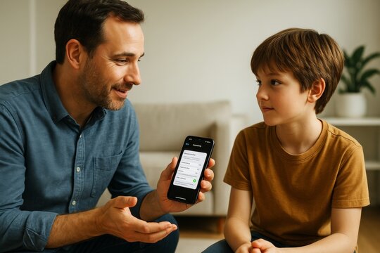 Father showing mobile phone screen to curious son while discussing app settings in a bright room with soft background light. Ai generative. Ai generative