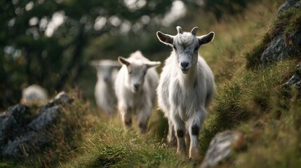 Obraz premium Herd of goats roaming freely on a hillside in a rustic countryside setting