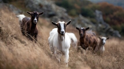 Fototapeta premium Goats wandering freely on a hillside in a countryside farm setting