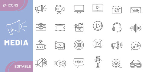 Media Outline or Line Icon Design Bundle or Set