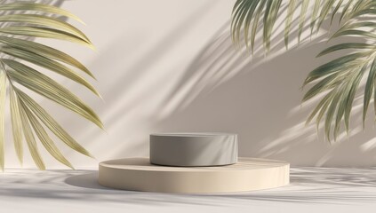 Minimalist display podium with tropical foliage.