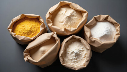 Fototapeta premium Five open paper bags filled with various finely powdered food ingredients and flours