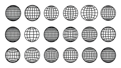 Set of spherical grid globes representing various perspectives for graphic design and illustration