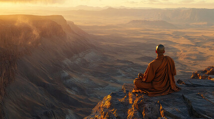 Fototapeta premium Monk sitting in perfect lotus position on a cliff edge, overlooking endless valleys