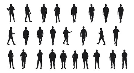 Collection of various black silhouettes of men in different poses and walking styles