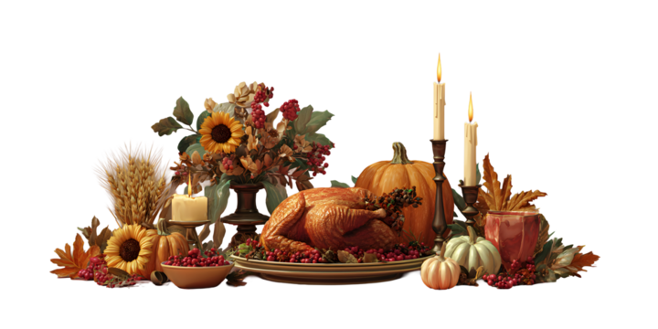 THANKSGIVING DAY. Festive table. Turkey. Transparent background. For designers, marketers. Popular image, illustration, object, holiday, family.