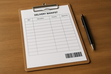 Empty delivery manifest form on clipboard with pen on wooden surface, showing organized columns for SKU, description, quantity, and signatures. Ai generative
