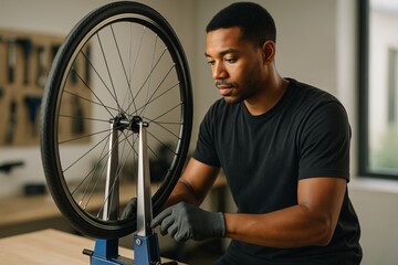 Focused young man adjusting a bicycle wheel using a truing stand under natural light in a workshop environment with a tool wall in the background. Ai generative