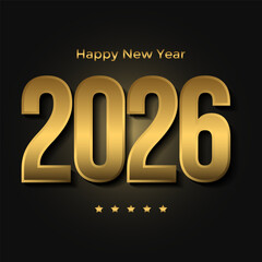 2026 Happy New Year. Minimalist greeting card with golden gradient for new year 2026. 2026 number design template. Vector illustration on dark background