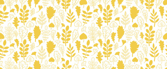 Fallen leaf seamless pattern. Yellow filled stamp and contour autumn leaves vector illustration. Surface design for textile, clothes, stationary etc.