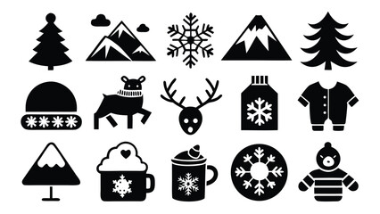 Fototapeta premium Winter icons including trees mountains snowflakes and clothing christmas