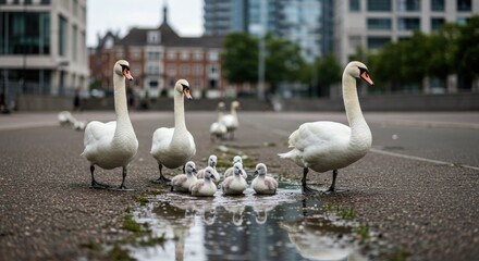 A family of swans, including cygnets, crosses a paved area near a puddle in an urban setting.