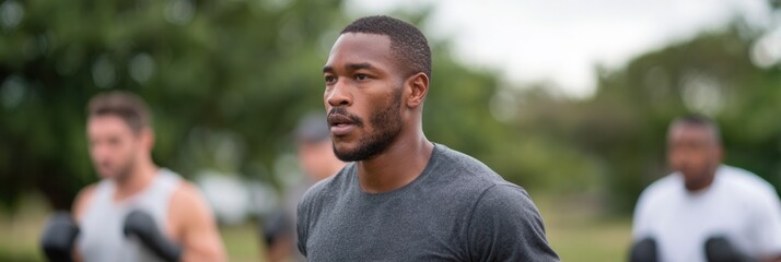 A diverse group of boxers training outdoors in a park, showcasing determination and focus. Ideal for sports and fitness themes.