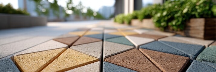A close-up view of a colorful paved pathway featuring geometric patterns, surrounded by greenery in an urban environment, conveying a modern and inviting atmosphere.