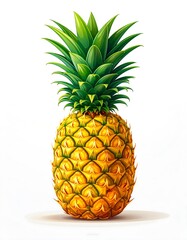 A vibrant, full pineapple stands out against a crisp white background, showcasing detailed scales and vibrant green leaves.