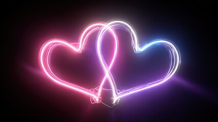 Two intertwined neon hearts in a dark background.