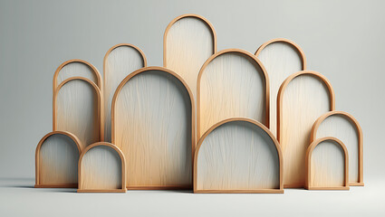 A cluster of rustic arched display stands with a distressed wood texture and a subtle golden edge, arranged in a tiered formation