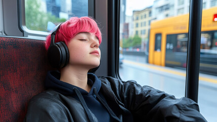 Young woman with neon pink hair wearing headphones relaxing on city bus, urban background
