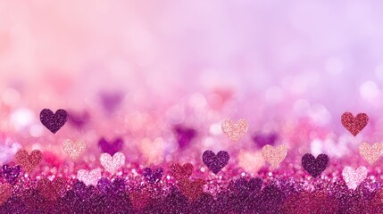 Romantic pink and purple glitter hearts background.