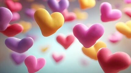 Multicolored heart shapes in a soft focus background.