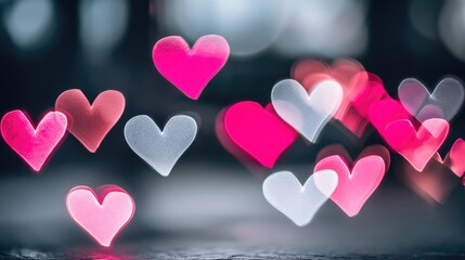 Heart-shaped bokeh lights in various shades of pink and white.