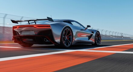 Silver sports car speeds along a racetrack, with a large spoiler and blurred motion.