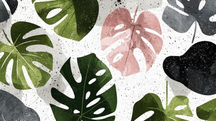 Abstract pattern of various tropical leaves on a textured background.