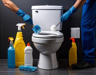 Professional Cleaning Service Scrubbing Toilet Bowl with Gloves and Cleaning Supplies