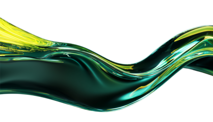 Liquid glass flows on a transparent background in the form of a transparent, iridescent, shiny, wide green wave. For designers, marketers. Popular image, illustration, object.