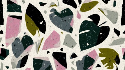 Abstract mosaic pattern of leaves and geometric shapes.
