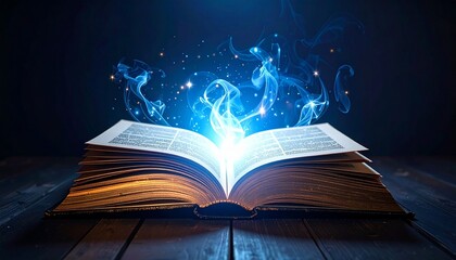 Bewitched glowing magic book in darkness with copy space above, ideal for fantasy, witchcraft, or Halloween design with room for text and spooky atmosphere.