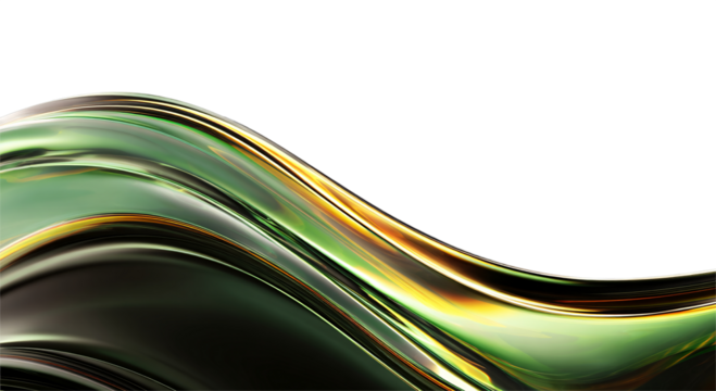 Liquid glass flows on a transparent background in the form of a transparent, iridescent, shiny, wide green wave. For designers, marketers. Popular image, illustration, object.
