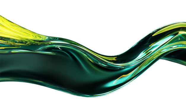 Liquid glass flows on a transparent background in the form of a transparent, iridescent, shiny, wide green wave. For designers, marketers. Popular image, illustration, object.
