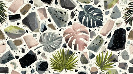 Decorative pattern of stones and tropical leaves.