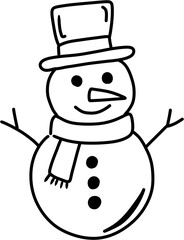 Simple Black Outline Winter Snowman Icon, Hand-Drawn Happy Snowman Line Art Drawing.