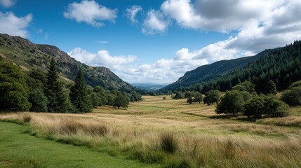 Fototapeta premium A picturesque valley surrounded by hills and lush greenery under a bright blue sky. Ideal for nature and travel themes.