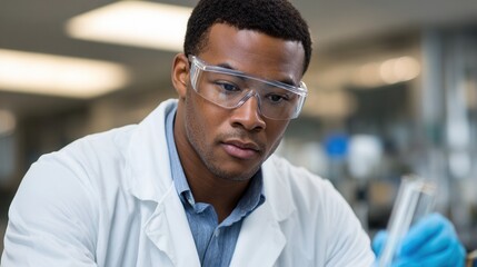 Obraz premium A focused scientist in a lab coat and safety glasses examines a test tube in a modern laboratory. The atmosphere is professional and scientific.