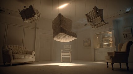 Floating objects in a white room.