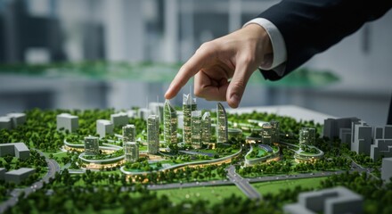 Businessman meticulously plans a futuristic city model, highlighting architectural details.