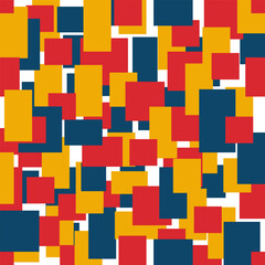Abstract geometric seamless pattern with overlapping rectangles in red, yellow, and dark blue on white background, modern colorful mosaic design for textile and wallpaper

