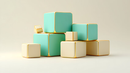 Obraz premium A stack of teal and beige cubes with gold trim, arranged in a pyramid shape, on a neutral background
