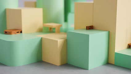 Abstract arrangement of pastel green and yellow geometric shapes and blocks, creating a minimalist scene with soft lighting