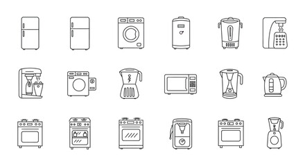 Line drawings of various household kitchen appliances and electronics