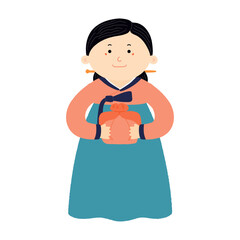 Adult woman in traditional Korean clothes hanbok holding holiday gift, isolated on transparent. Hand drawn flat vector illustration. Cartoon character. Chuseok, Seollal design element, clip art