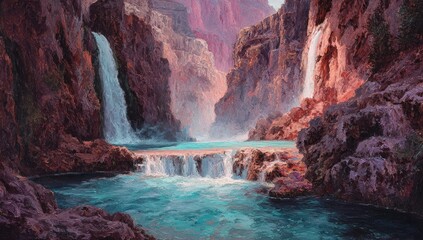 Waterfalls cascade into canyon pools in Southwest landscape.