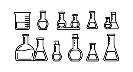 Collection of chemical laboratory glassware icons representing scientific experiments and research equipment